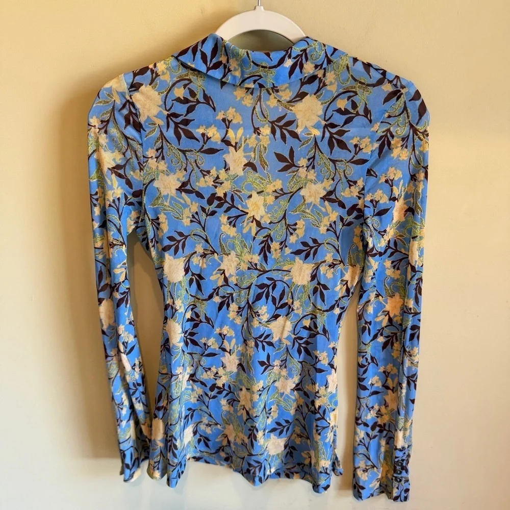 Free People Floral Mesh Button Front Shirt Blouse Top Brown Blue Small Sheer